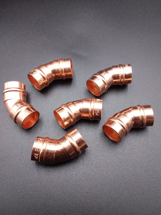 Copper solder rings with a 45-degree elbow bend.