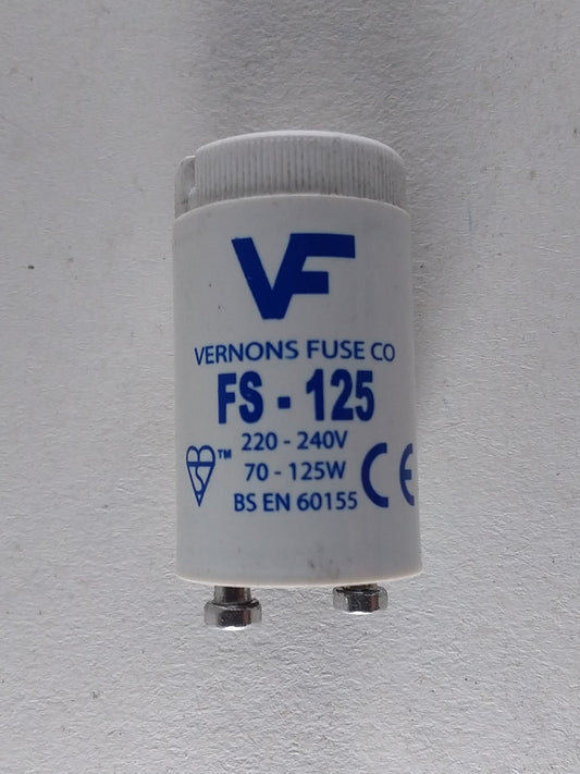 A white lamp starter with the branding 'Vulcan Fluorescent F-125' on it.