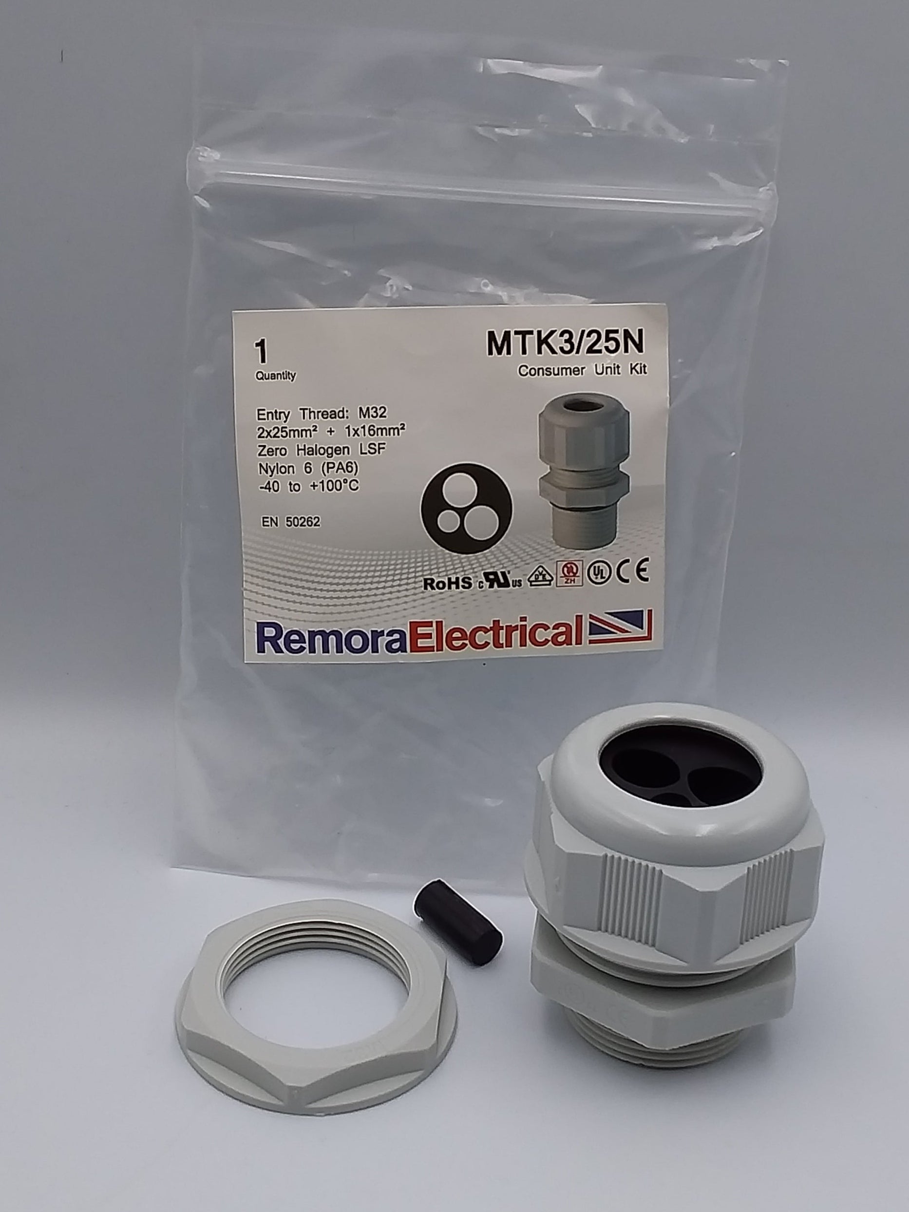 A white nylon tail kit for a consumer unit, including cable glands and washers, displayed alongside its packaging which reads 'RemoraElectrical'.