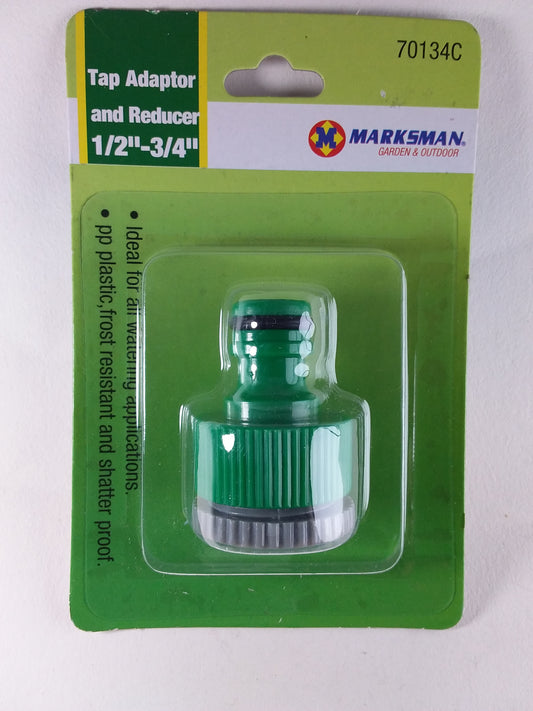 A 1/2"-3/4" tap adaptor in its packaging, with the brand name Marksman visible on the top.