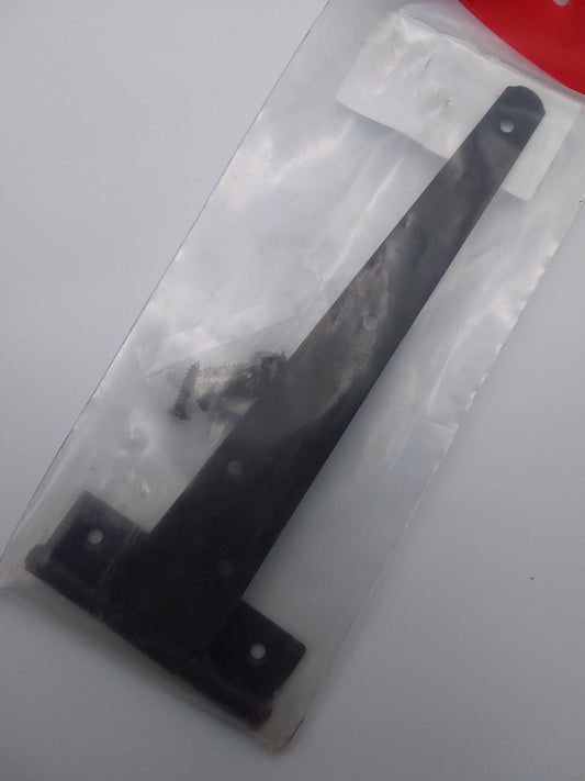 12 inch black tee hinge packaged in plastic, with visible mounting holes.