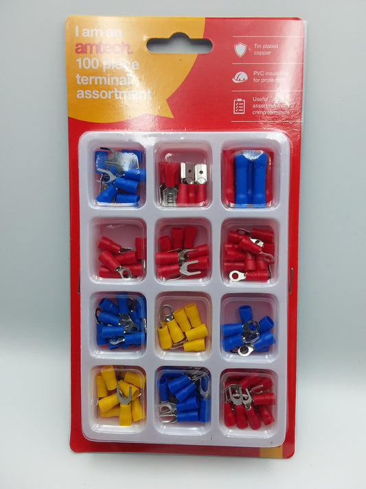 A package of 100 assorted spade terminal connectors in various sizes & colors including red, blue, and yellow, presented on a white background.