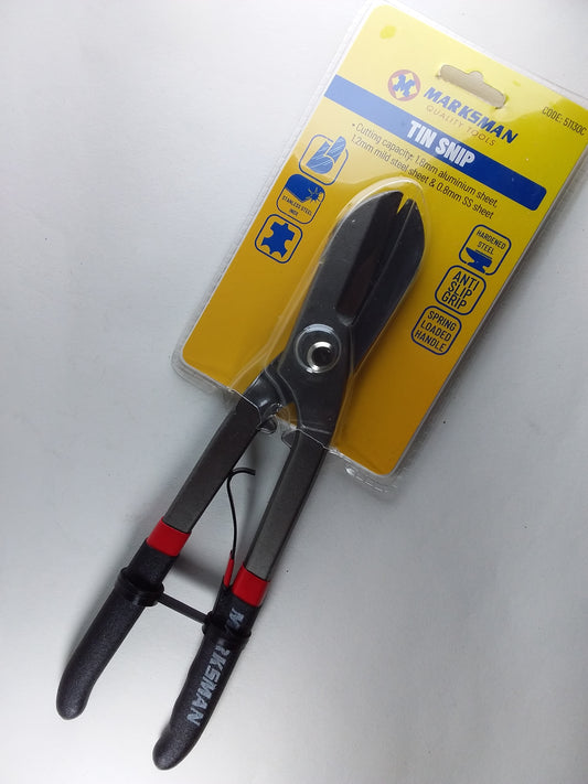 A pair of black 10 inch heavy duty tin snips with an anti-slip grip, still in its packaging.