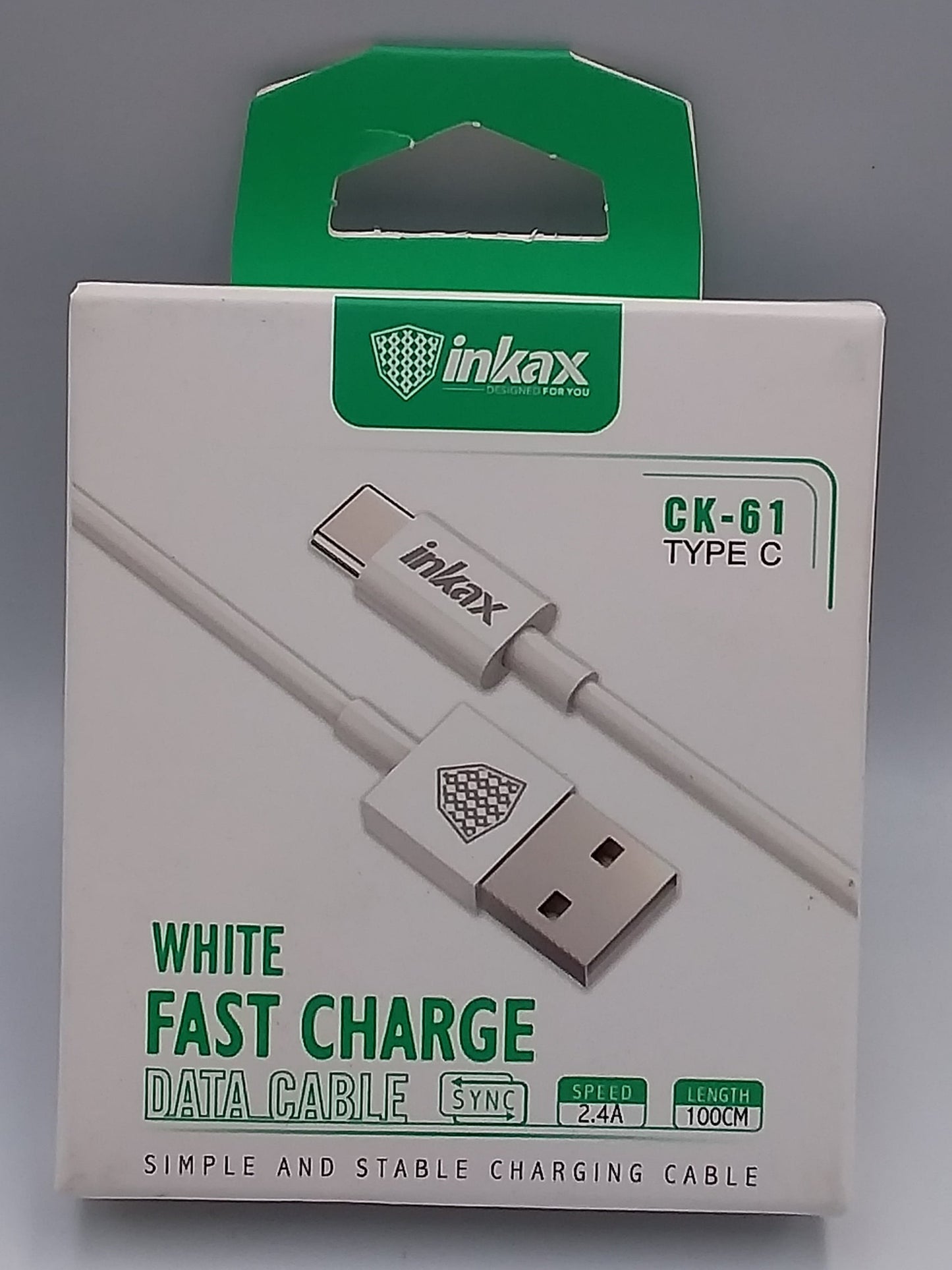 A white USB to Type C charging cable, packaged in a box with green accents and labeled as a fast charging cable.