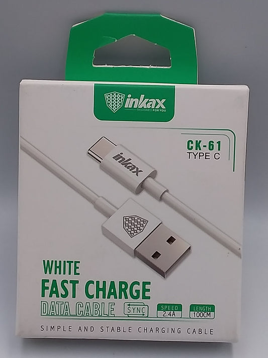 A white USB to Type C charging cable, packaged in a box with green accents and labeled as a fast charging cable.