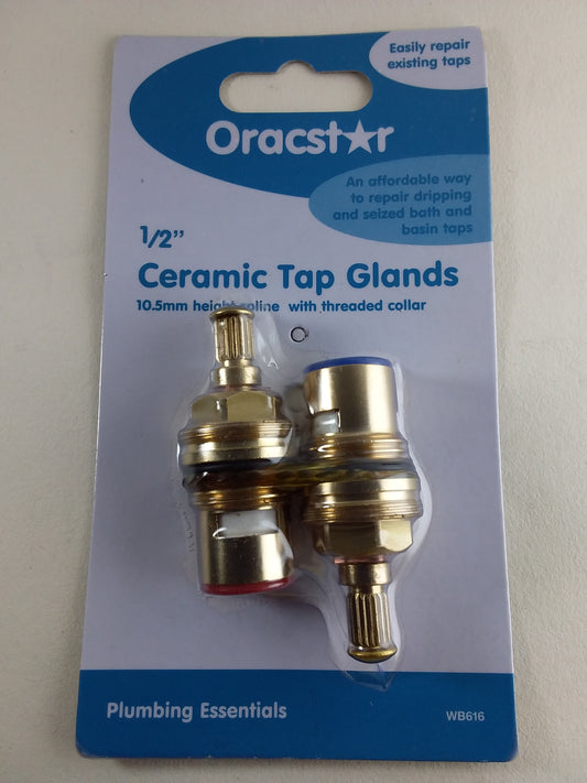 Packaging of Oracstar 1/2" Ceramic Tap Glands with threaded collar, displayed on a blue and white card with product information.