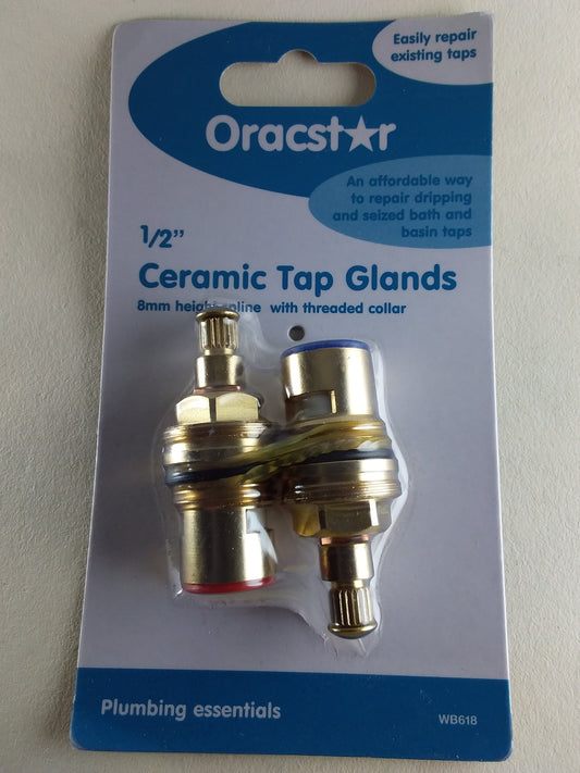 Pack of two ceramic tap glands with a threaded collar, 8mm hight branded by Oracstar, for 1/2 inch plumbing.