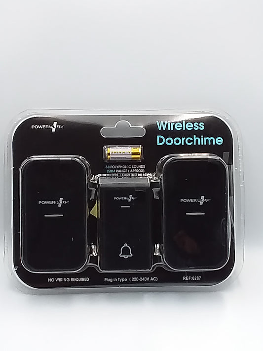 Packaging of a wireless doorbell with two receivers, showing the product through a clear plastic window.