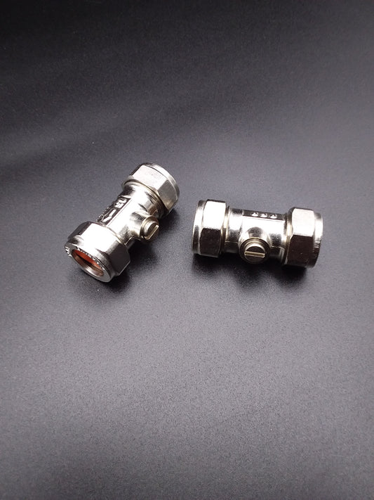 Two 22mm metal isolating valves are shown against a dark background. They are silver in color and have threaded connections for installation.